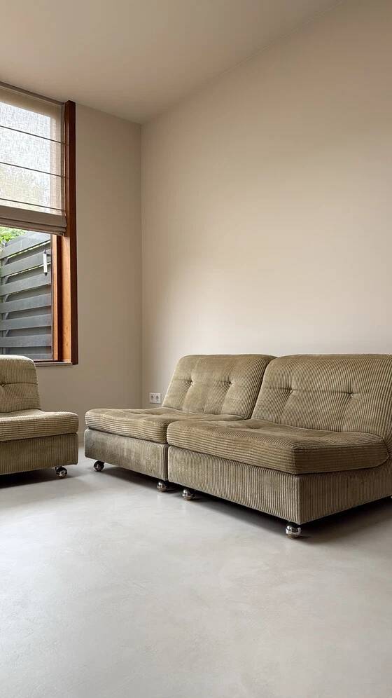 Three vintage seating elements with corduroy fabric