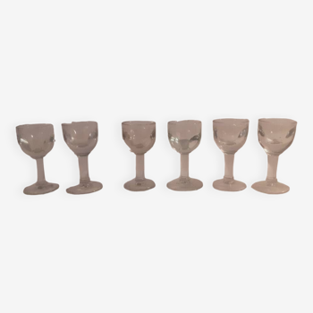 Set of 6 old digestive glasses on foot