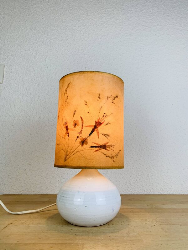 Lampe figue céramique blanche vintage, fleurs séchées, années 70