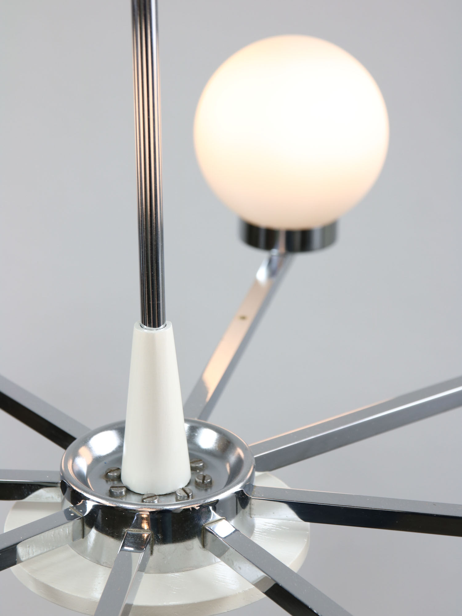 Vintage minimal chrome & opaline 8-arm chandelier, 70s