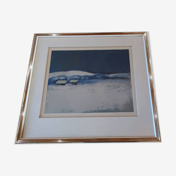 Tableau de Georges Hanskens représentant un paysage enneigé. Encadrement par Roland Vonesch