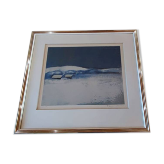 Large painting by Georges Hanskens representing a snowy landscape. Supervision by Roland Vonesch