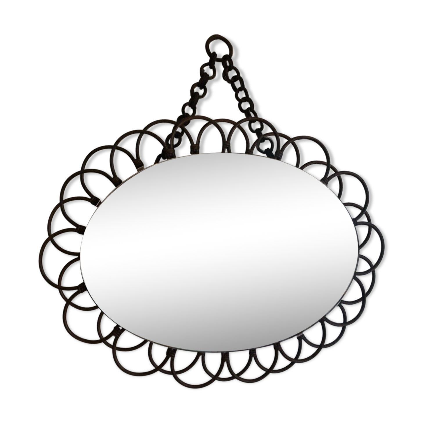 Vintage sun mirror in 60s rattan with rattan fastener 57x40cm