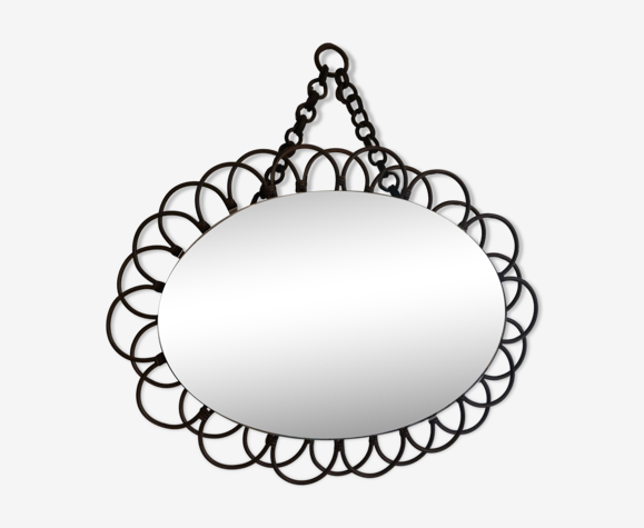 Miroir vintage soleil en rotin années 60 avec attache rotin 57x40cm