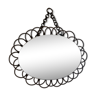 Vintage sun mirror in 60s rattan with rattan fastener 57x40cm