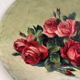 Peinture ancienne huile sur bois ovale jetée de roses années 30