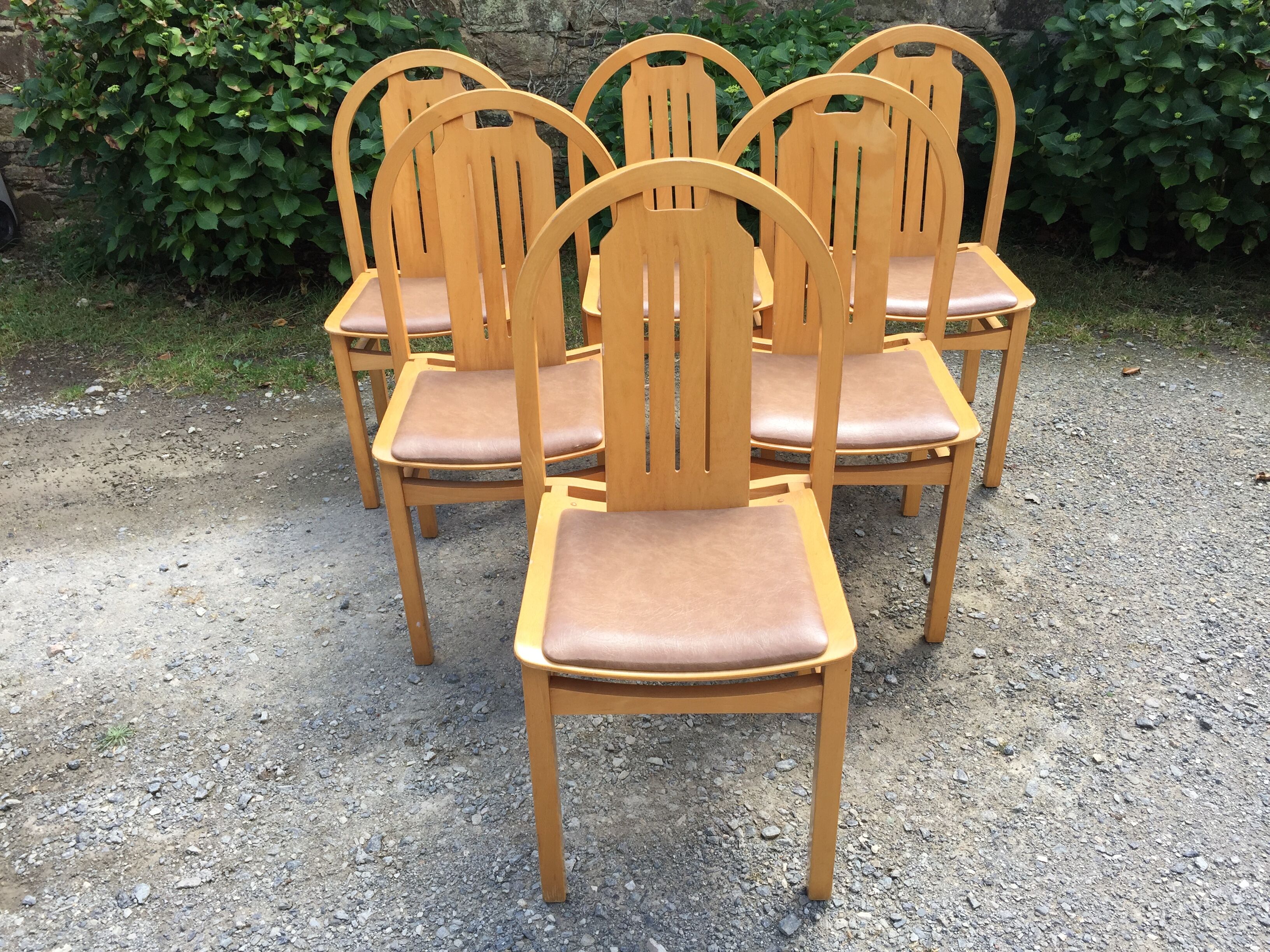 Vintage Baumann chairs in beech, seats in beige brown Skaï, series of 6.