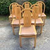 Vintage Baumann chairs in beech, seats in beige brown Skaï, series of 6.
