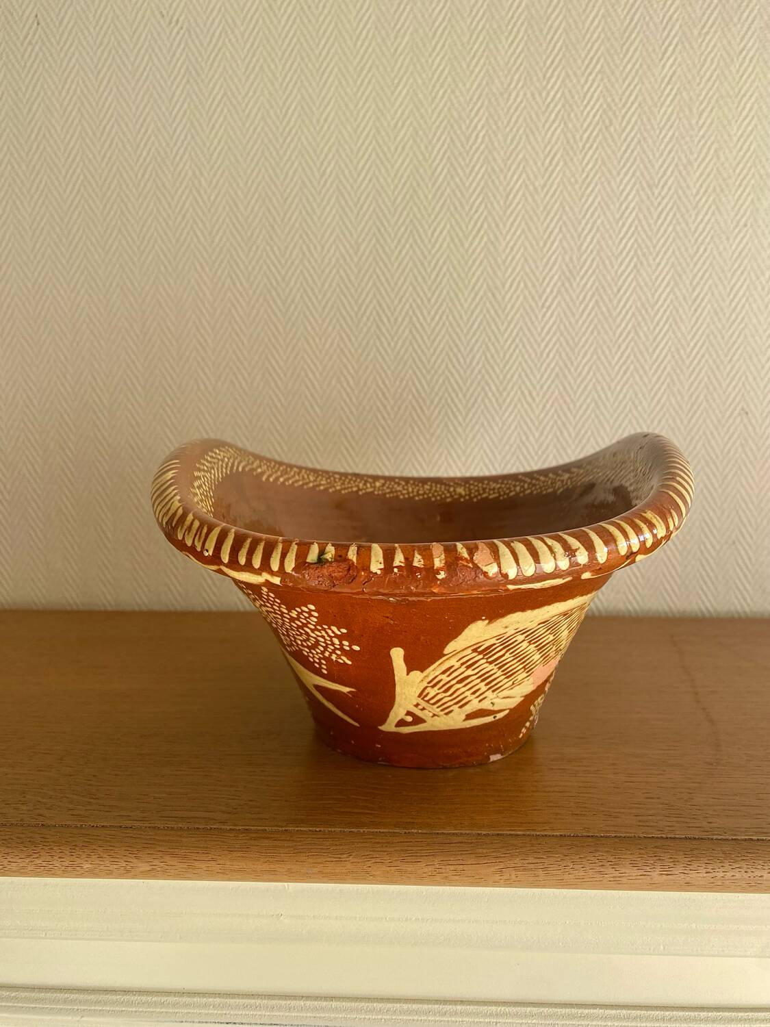 Old glazed terracotta plate, Portuguese craftsmanship.