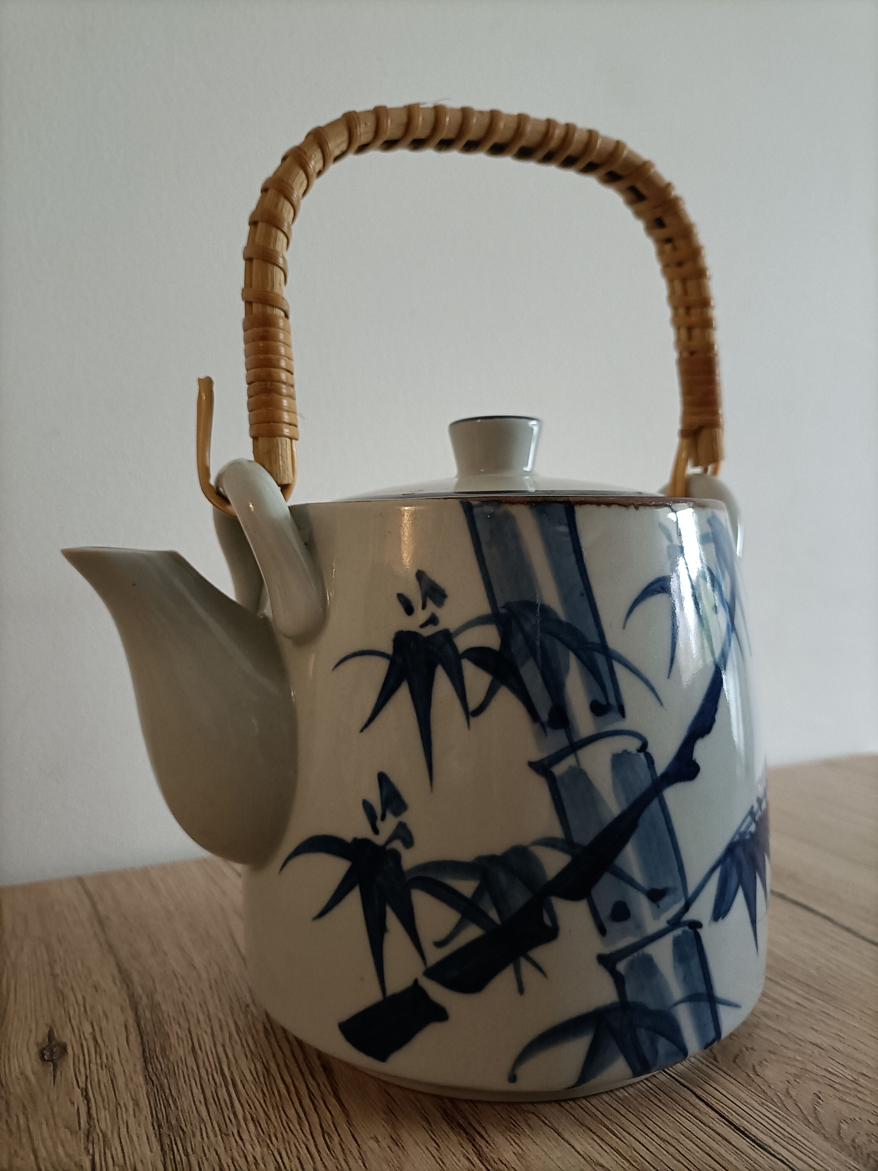 Japanese-inspired ceramic teapot blue bamboo pattern