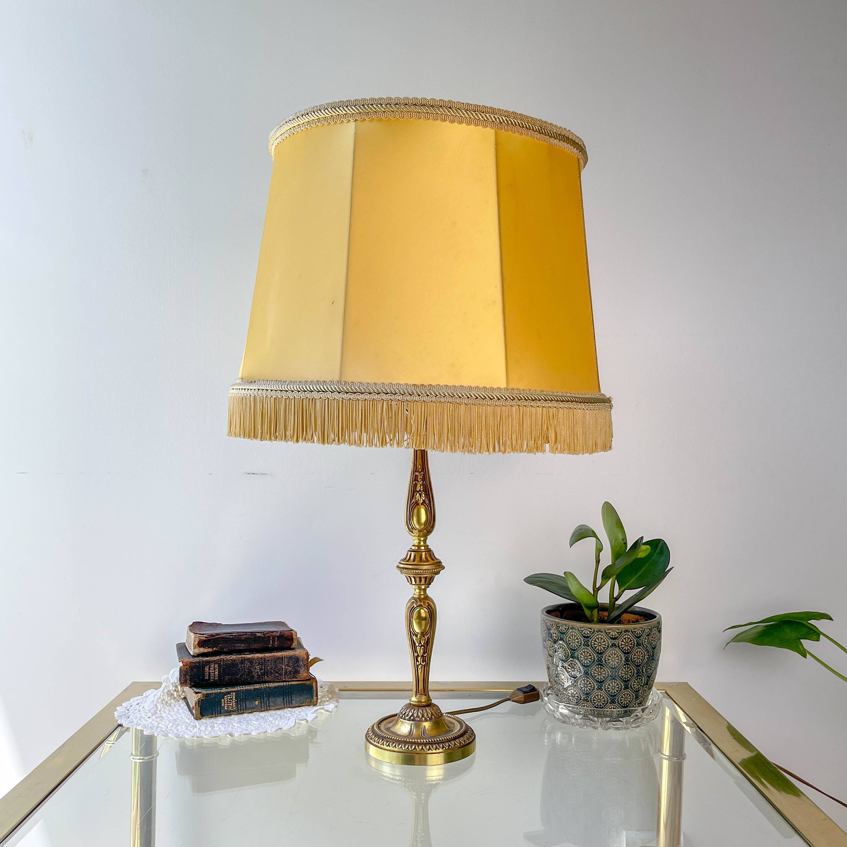 Louis XVI style gilt bronze lamp with yellow fringed shade - elegant vintage antique lamp