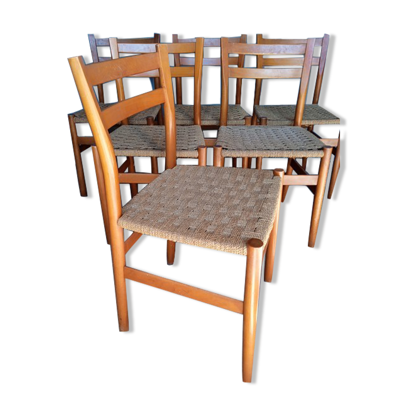 6 Scandinavian chairs wood and rope period 1960