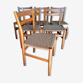 6 Scandinavian chairs wood and rope period 1960
