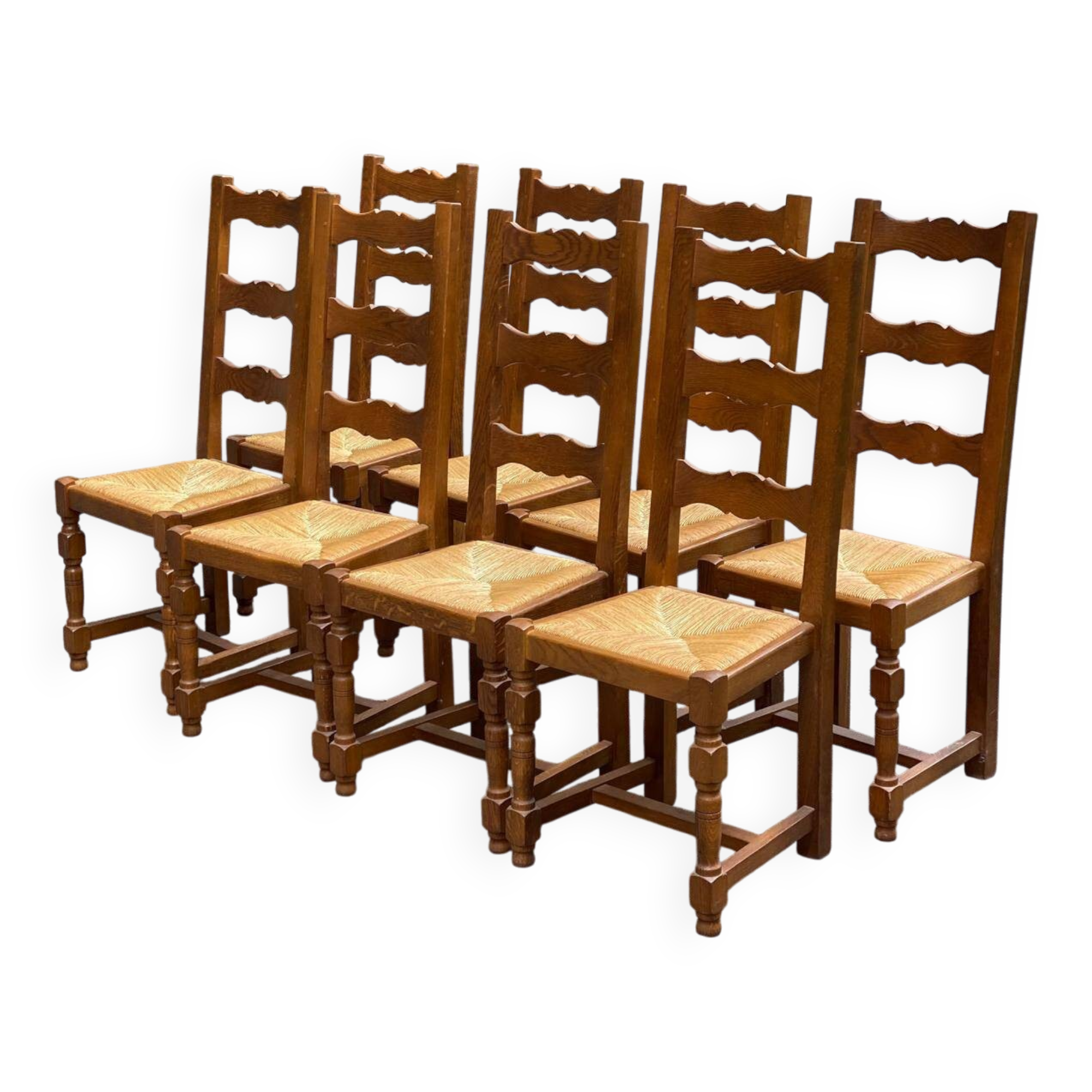 8 chaises en bois massif chêne clair et paille type ferme dossier haut