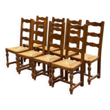 8 chaises en bois massif chêne clair et paille type ferme dossier haut