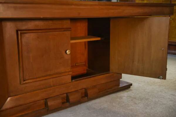 Solid oak table with central pedestal base and storage, Charles Dudouyt, 1950s