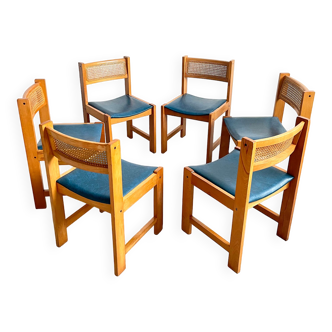 Set of 6 mid-century cane rattan and vinyl wooden dining chairs, 1960s 1970s