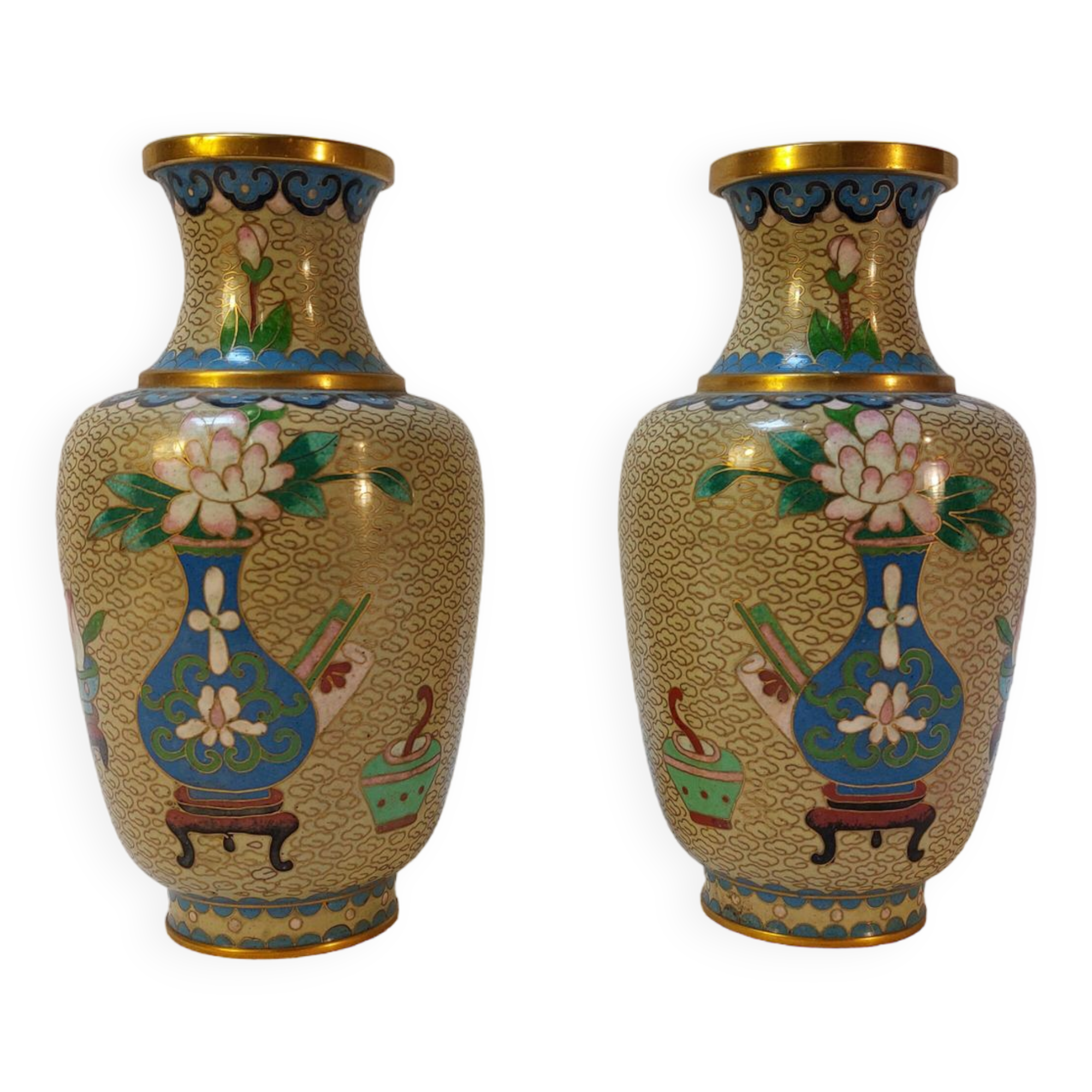 Pair of small cloisonné vases with Japanese polychrome decoration