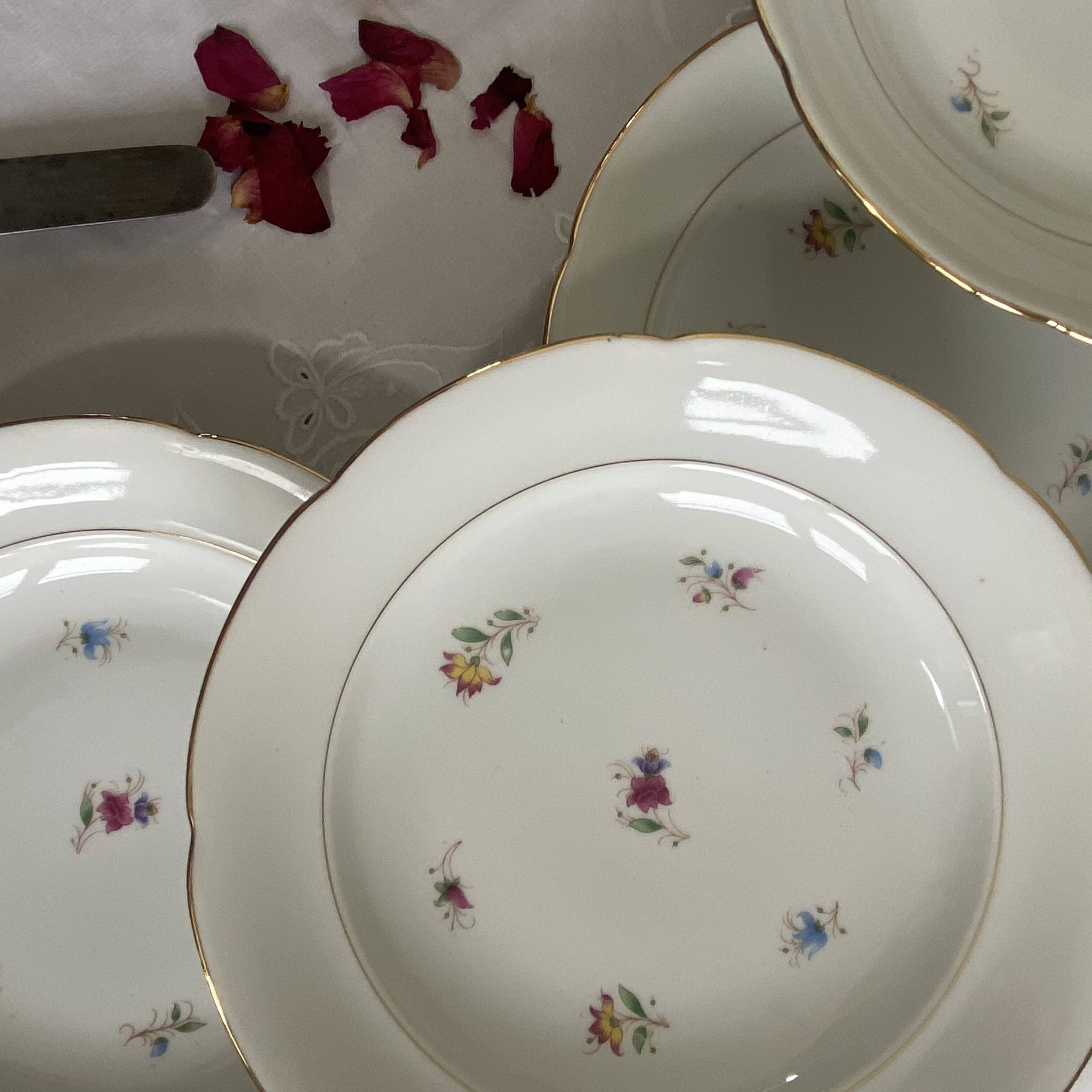 6 deep plates, antique porcelain with flowers and gilding, P L Limoges.