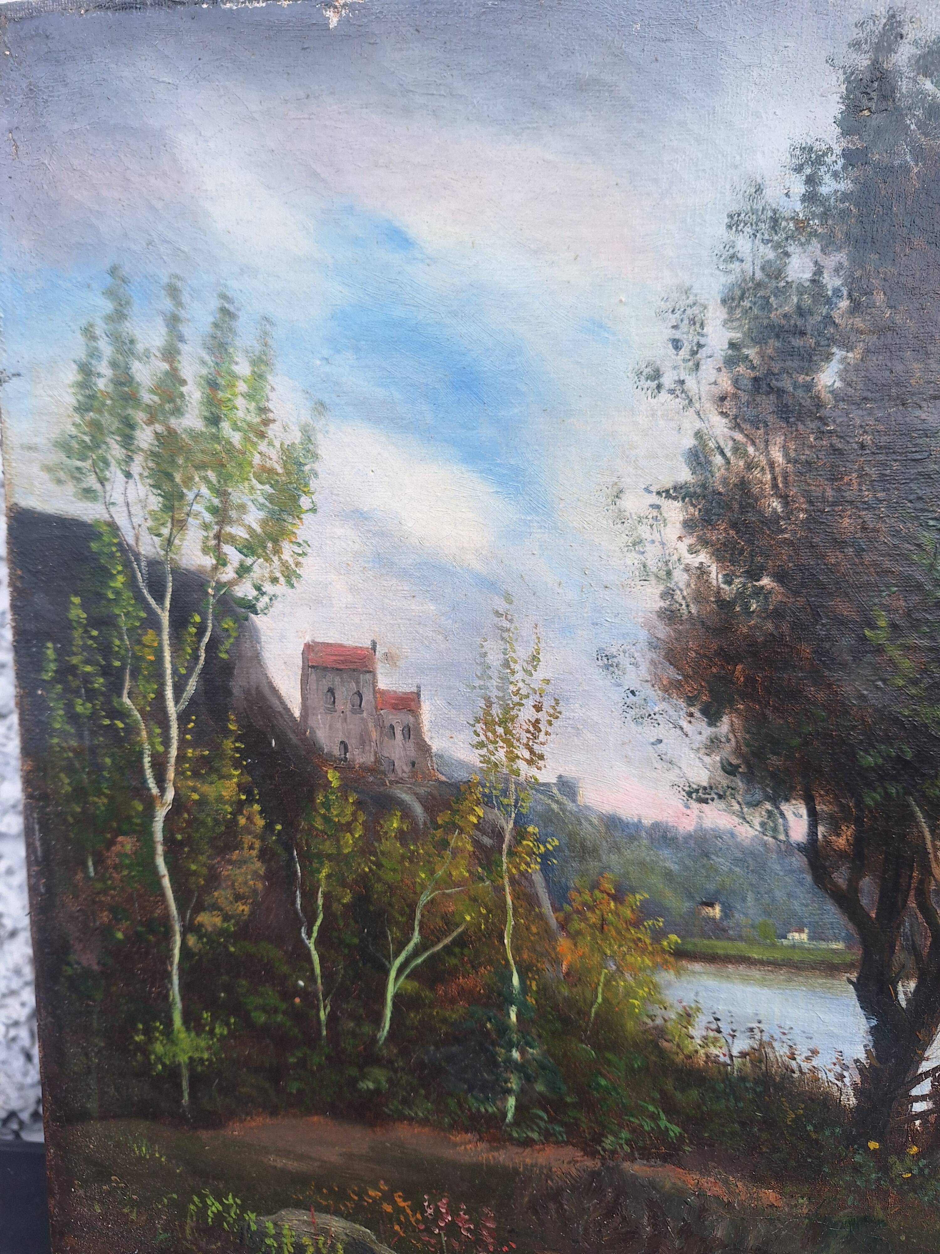 Oil on Canvas Signed F. Brison Tree and Boat by the Riverbank