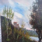 Oil on Canvas Signed F. Brison Tree and Boat by the Riverbank