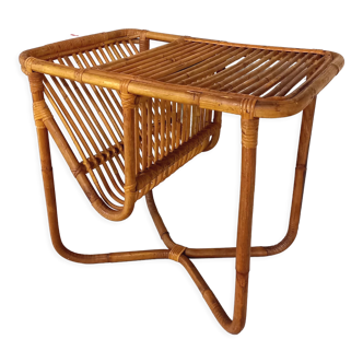 Coffee table with vintage rattan magazine holder 60s