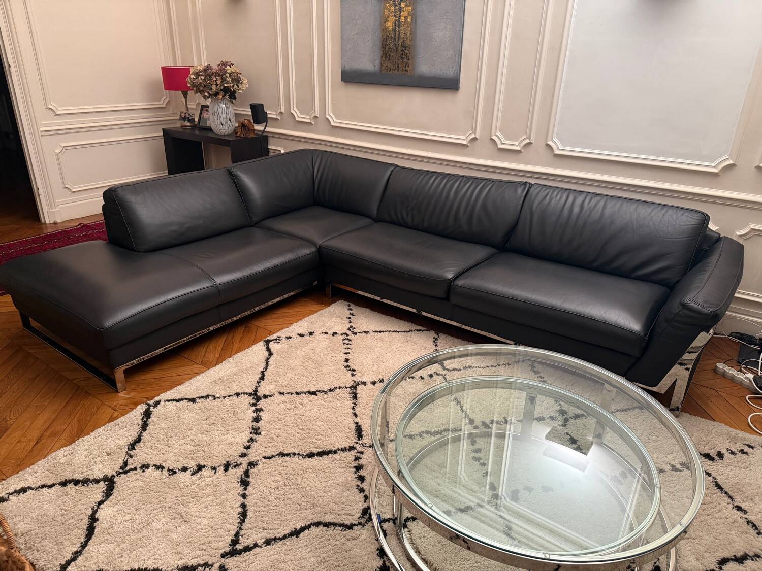 Canapé, cuir noir, Roche Bobois avec méridienne, canapé d’angle