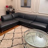 Canapé, cuir noir, Roche Bobois avec méridienne, canapé d’angle