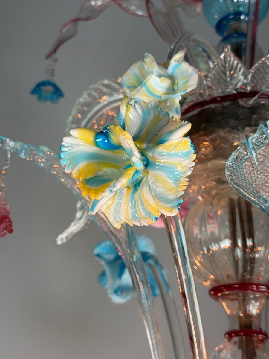 Venetian Rezzonico chandelier in multicoloured Murano glass circa 1900