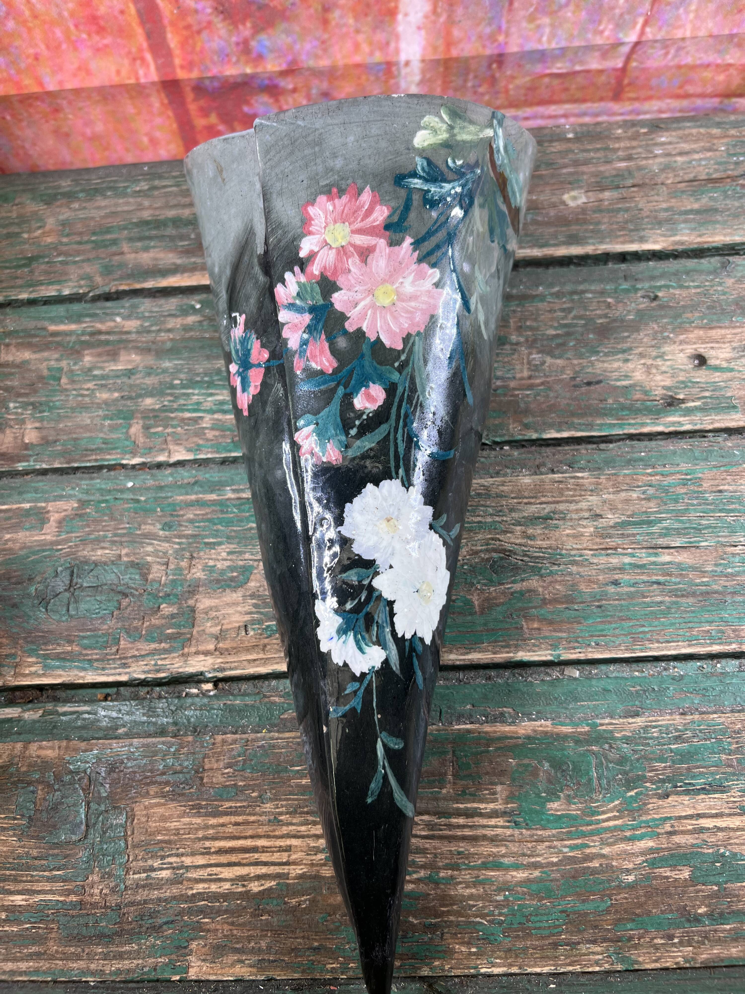 Bouquetière wall vase ceramic cone painted with flowers