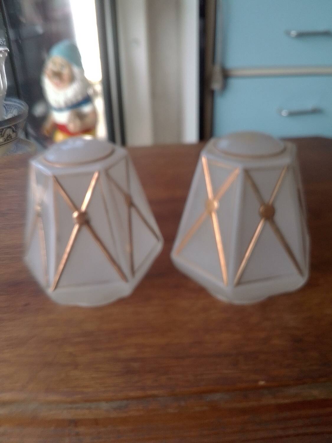 Pair of opalescent and gilded lamp glass