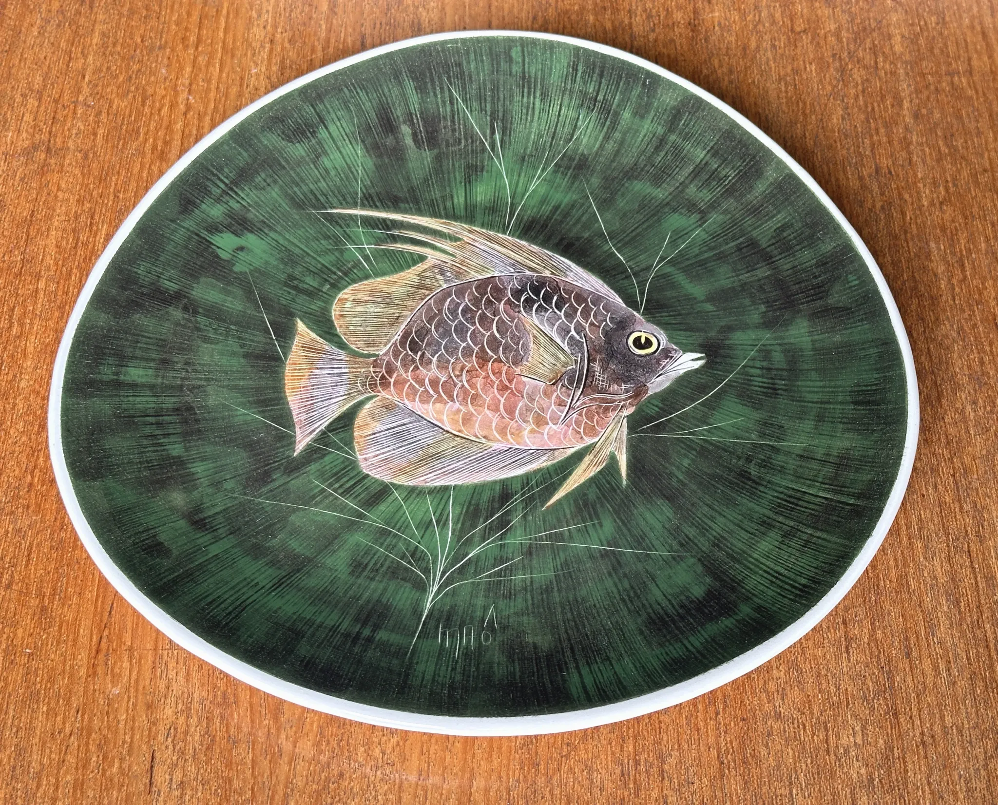 Fish service in glazed earthenware painted by hand signed Le Mao - 1960
