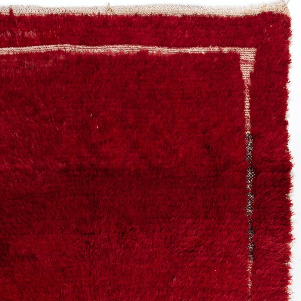 Solid Red Vintage Hand-Knotted Turkish Tulu Rug with Minimalist Ivory Border. 100% Wool