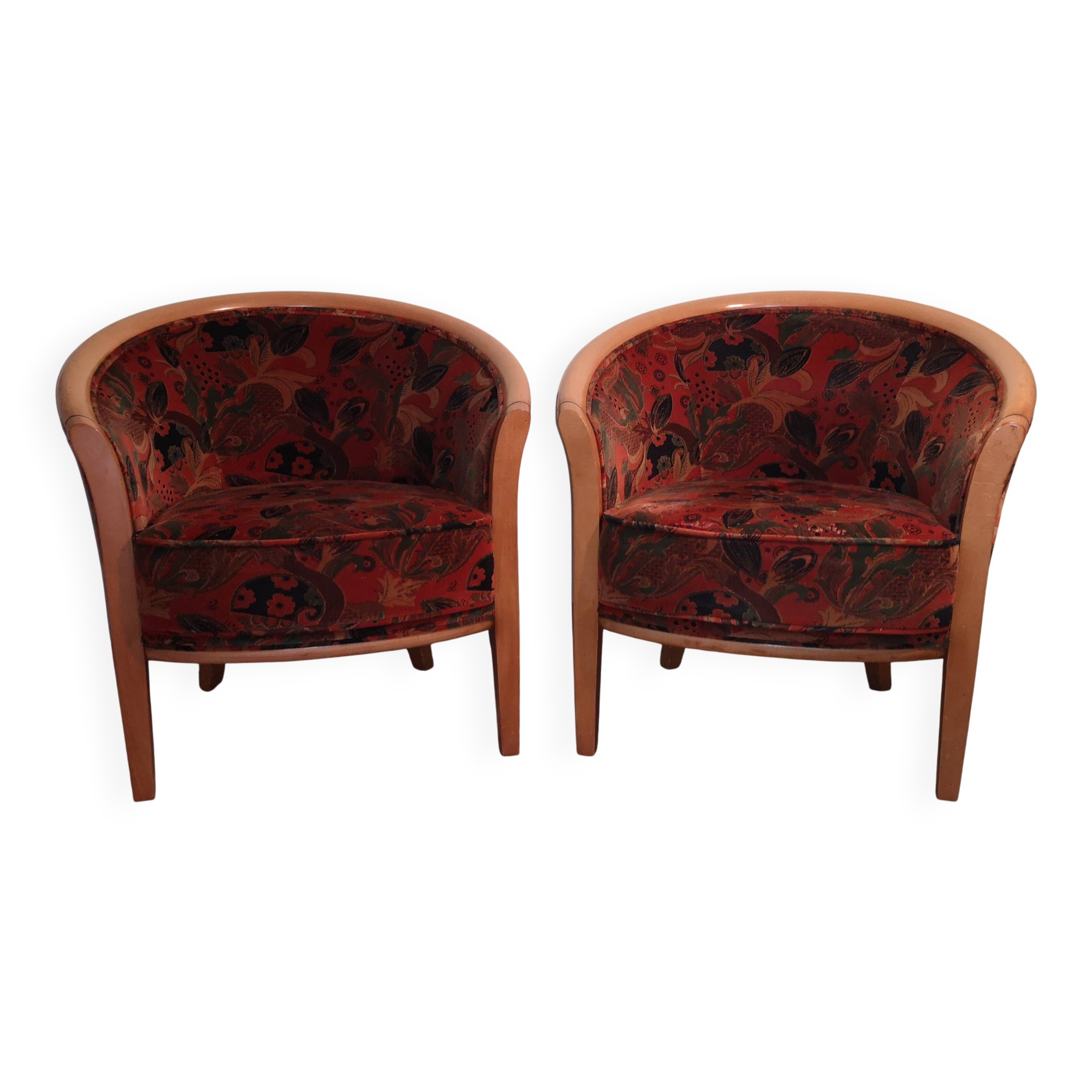 Pair of Neo-Art Deco gondola armchairs in vintage solid wood from the 1980s.