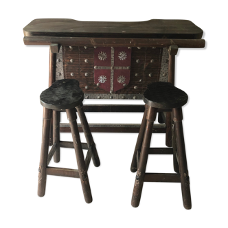 Medieval style bar furniture and two stools