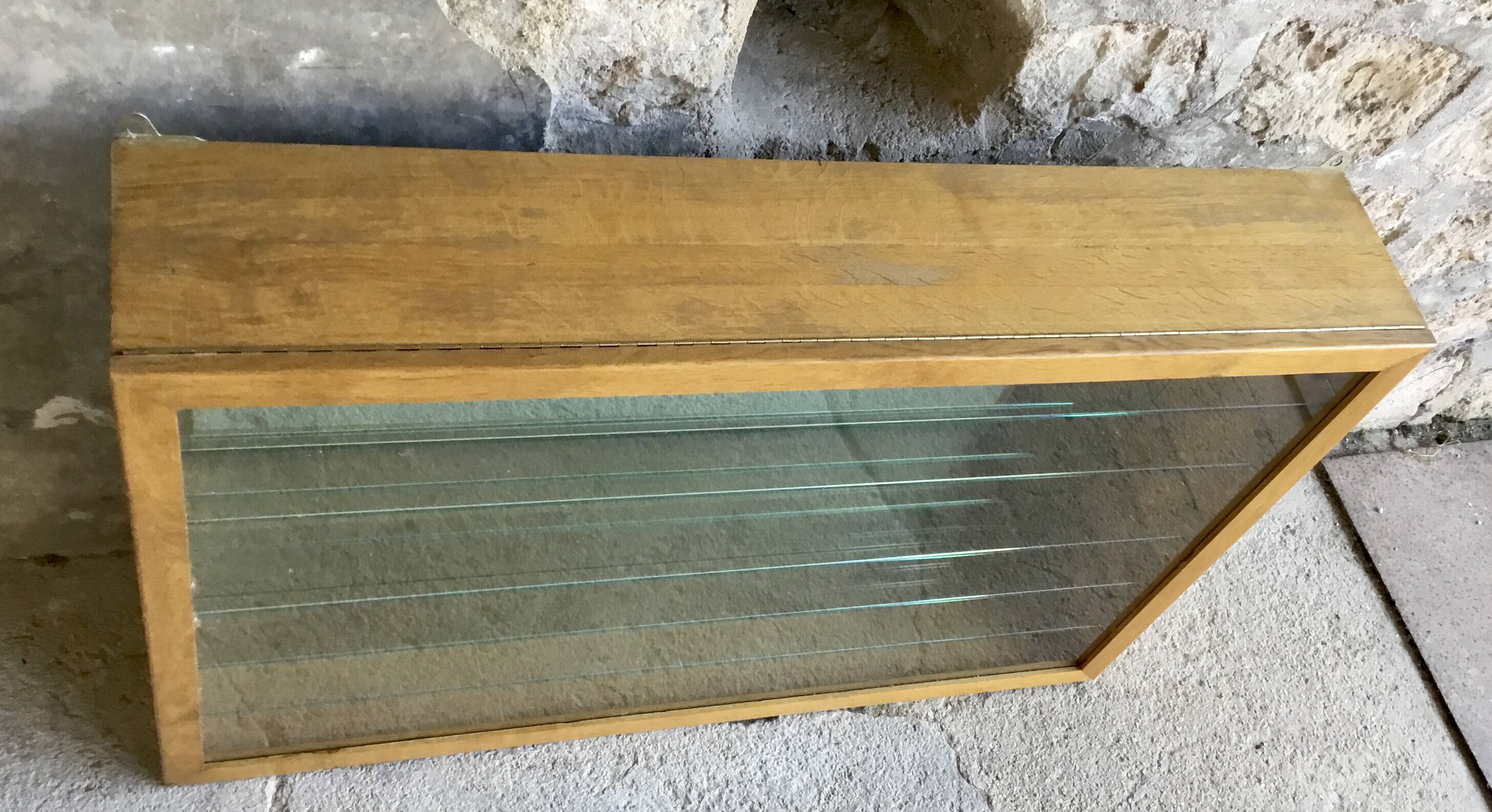 Large pharmacy wall display case in light oak - vintage 1960