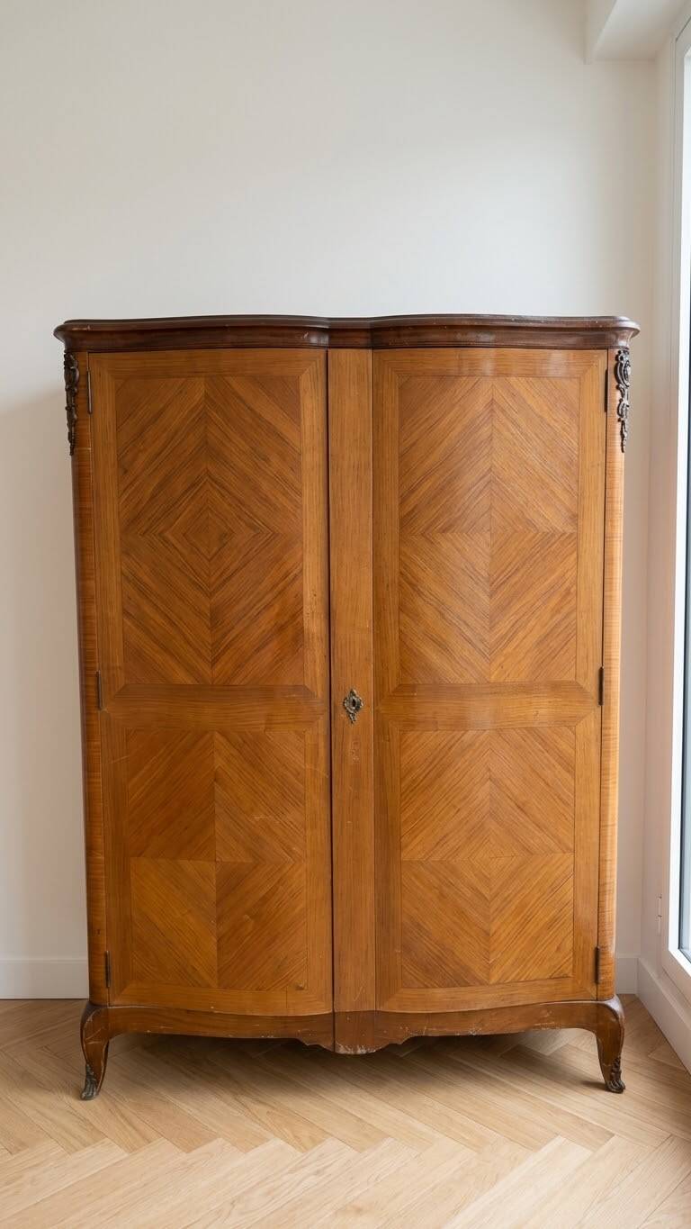 Antique Louis XV wardrobe in wood with chevron pattern.