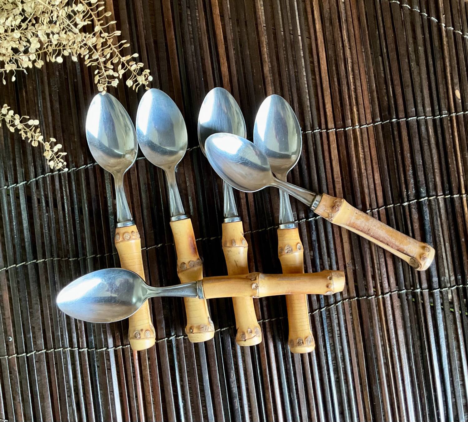6 small vintage bamboo spoons