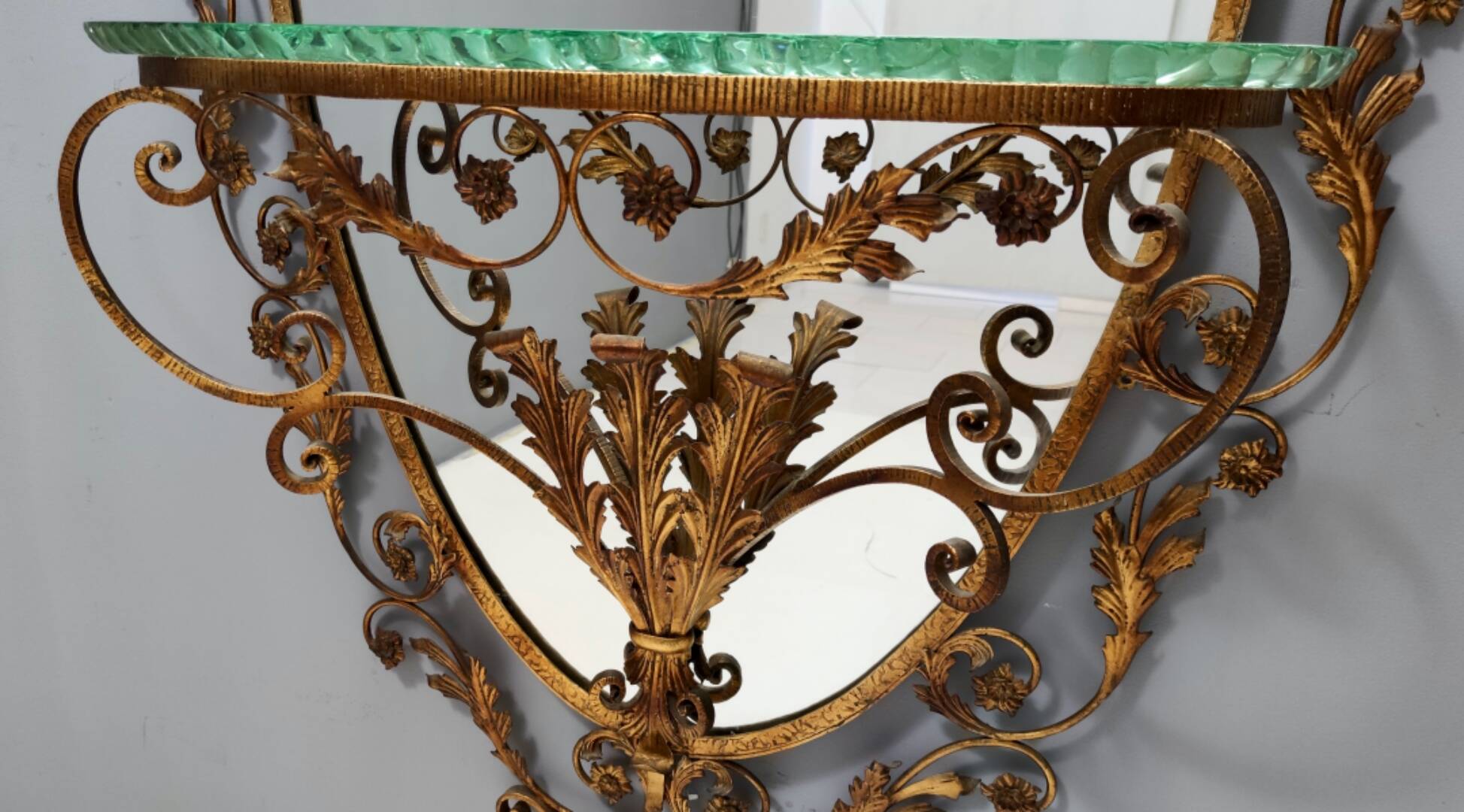 Entryway Mirror and Brass and Glass Console by Pierluigi Colli with Floral Frame