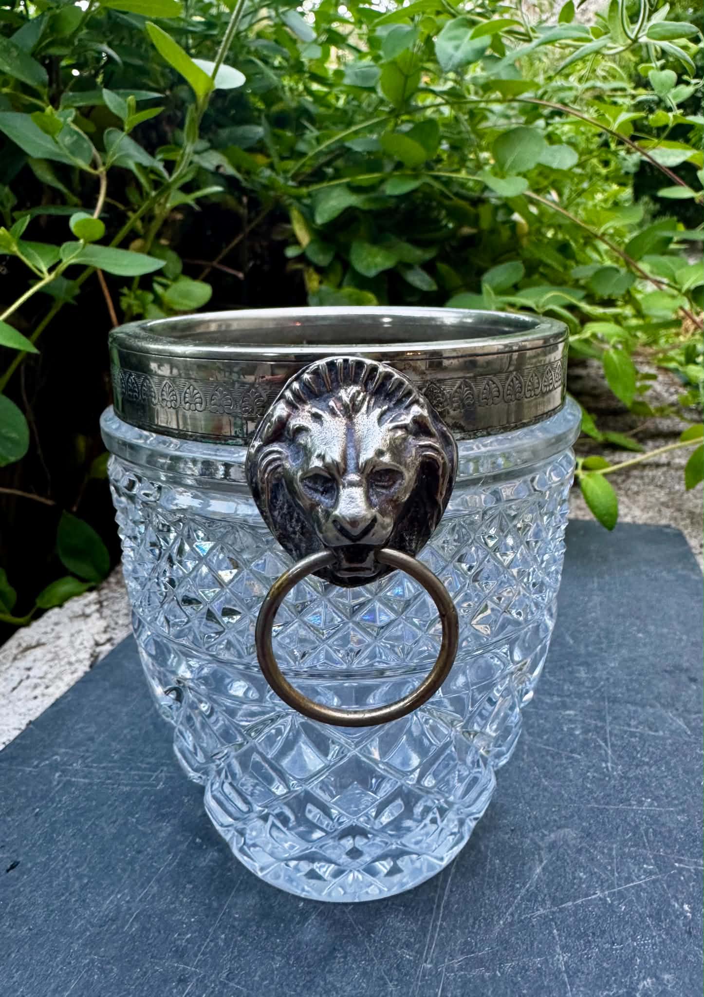 Val Lambert crystal and silver-plated ice bucket with hallmark from the 1950s.