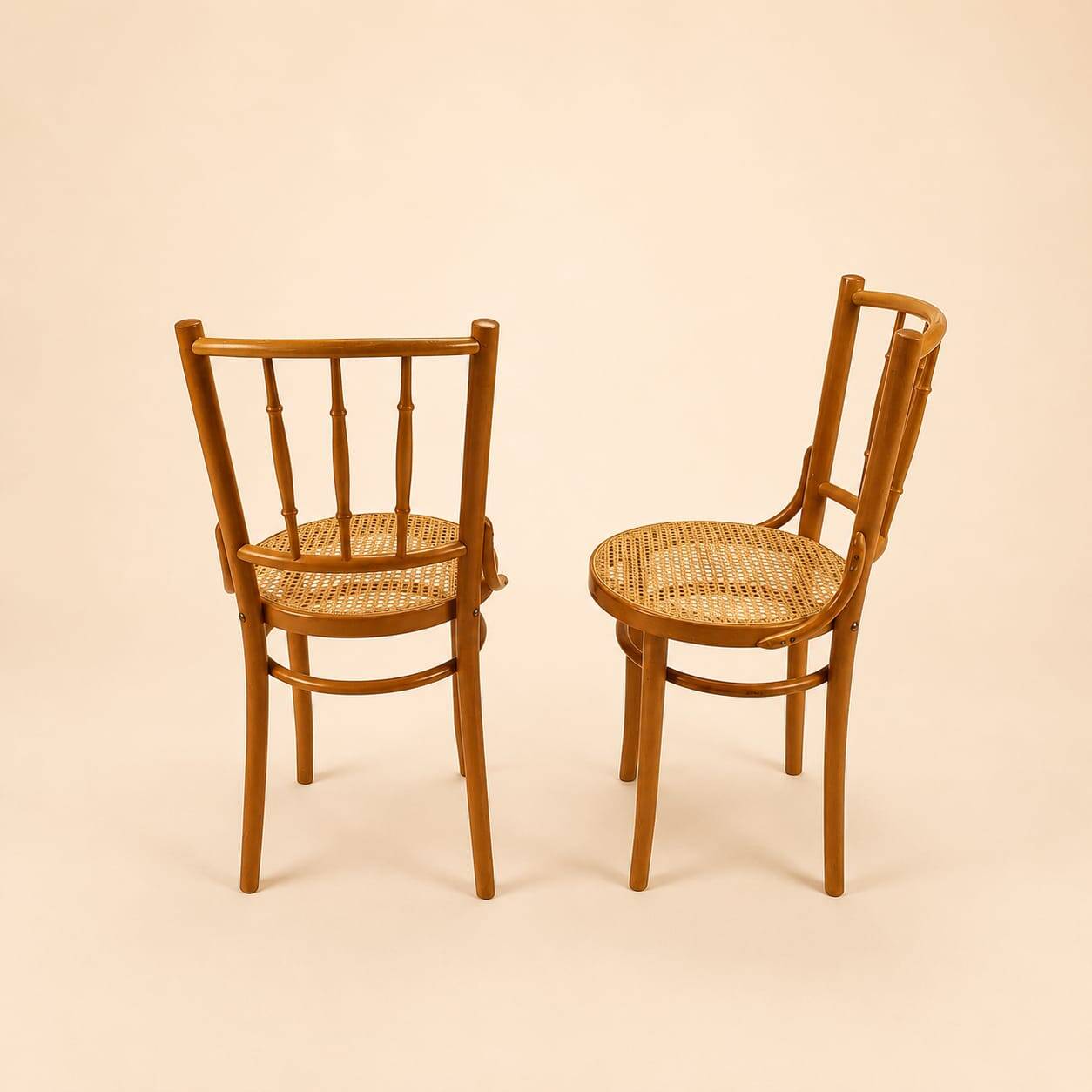 Set of 2 Romanian cane and birch bentwood chairs, 1960s