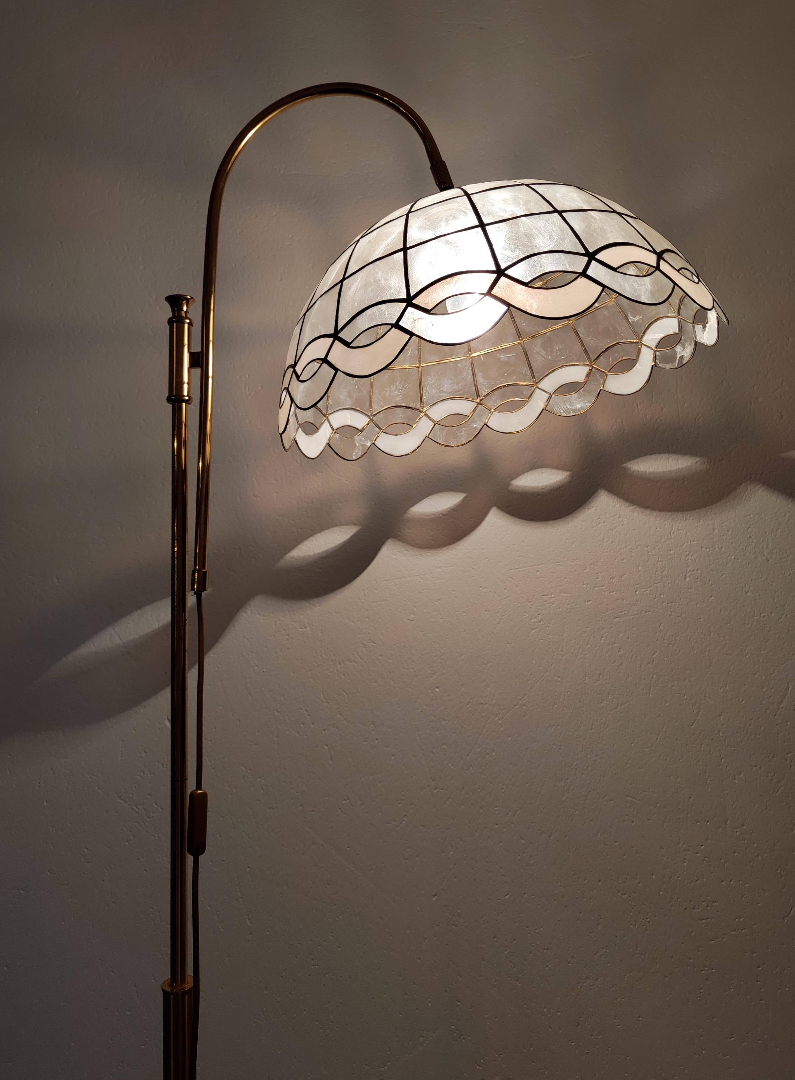 Mid Century Modern brass floor lamp with Capiz shell shade 1970s