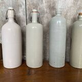 Set of 4 Old Grey Stoneware Bottles + Vintage Porcelain Stopper