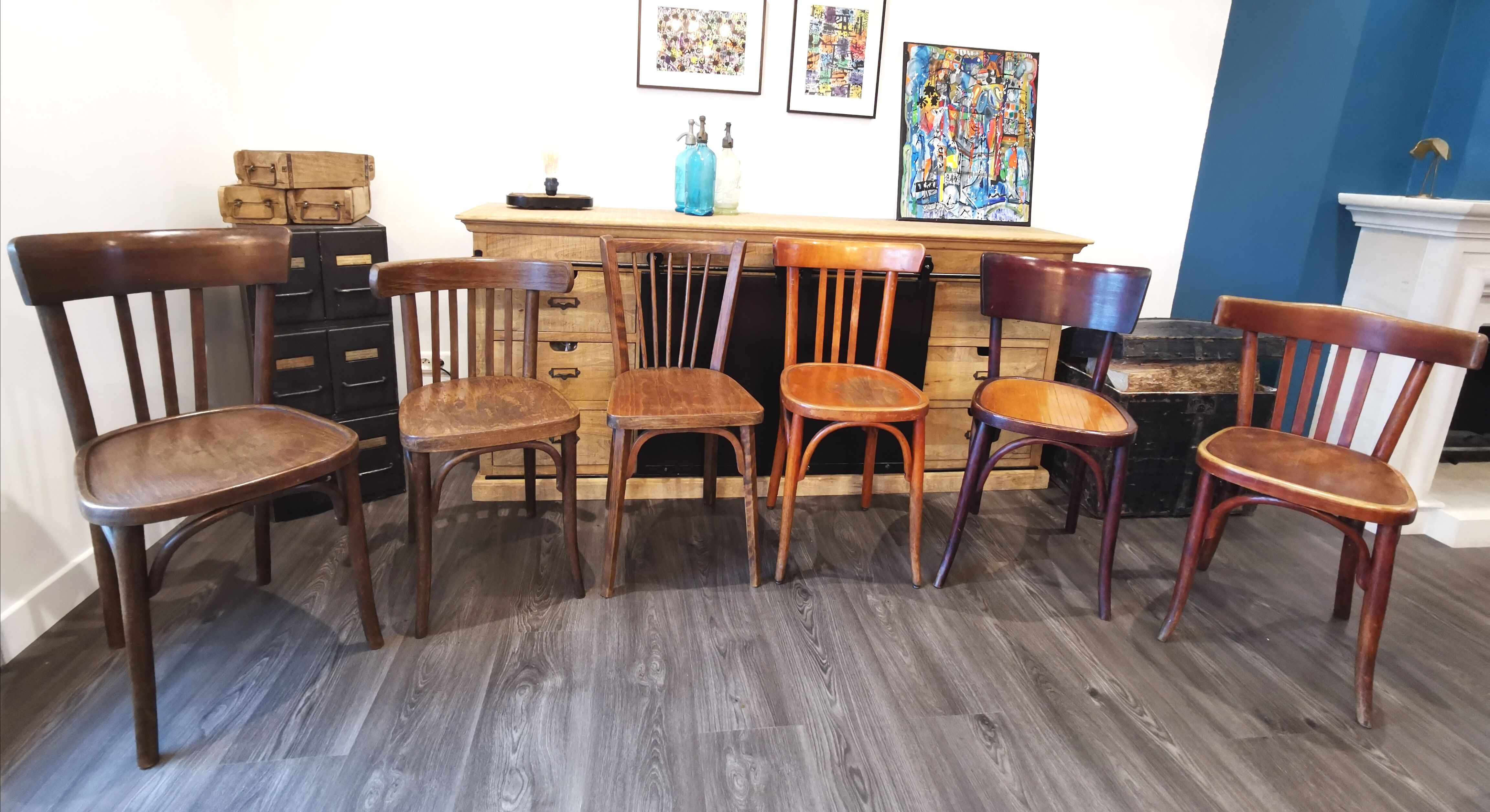 Series of 6 mismatched bistro chairs Baumann and Mahieu