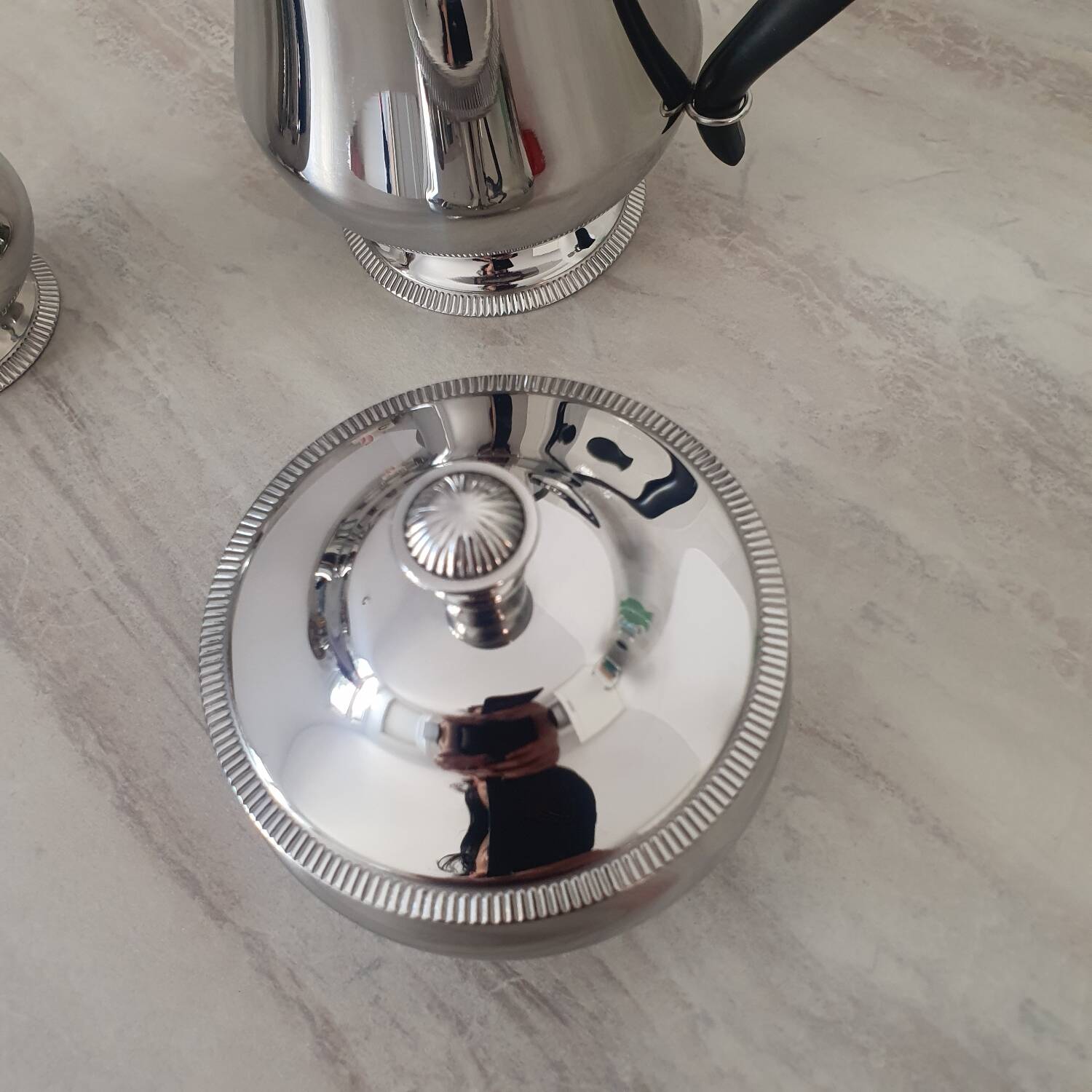 Rémy Letang / Teapot, milk jug and sugar bowl in 18/10 stainless steel and Bakelite