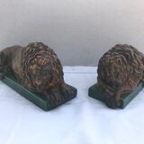 Pair old greenhouse books lions terracotta painted vintage decoration