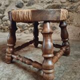 Vintage beechwood stool with straw seat – France, 1950s