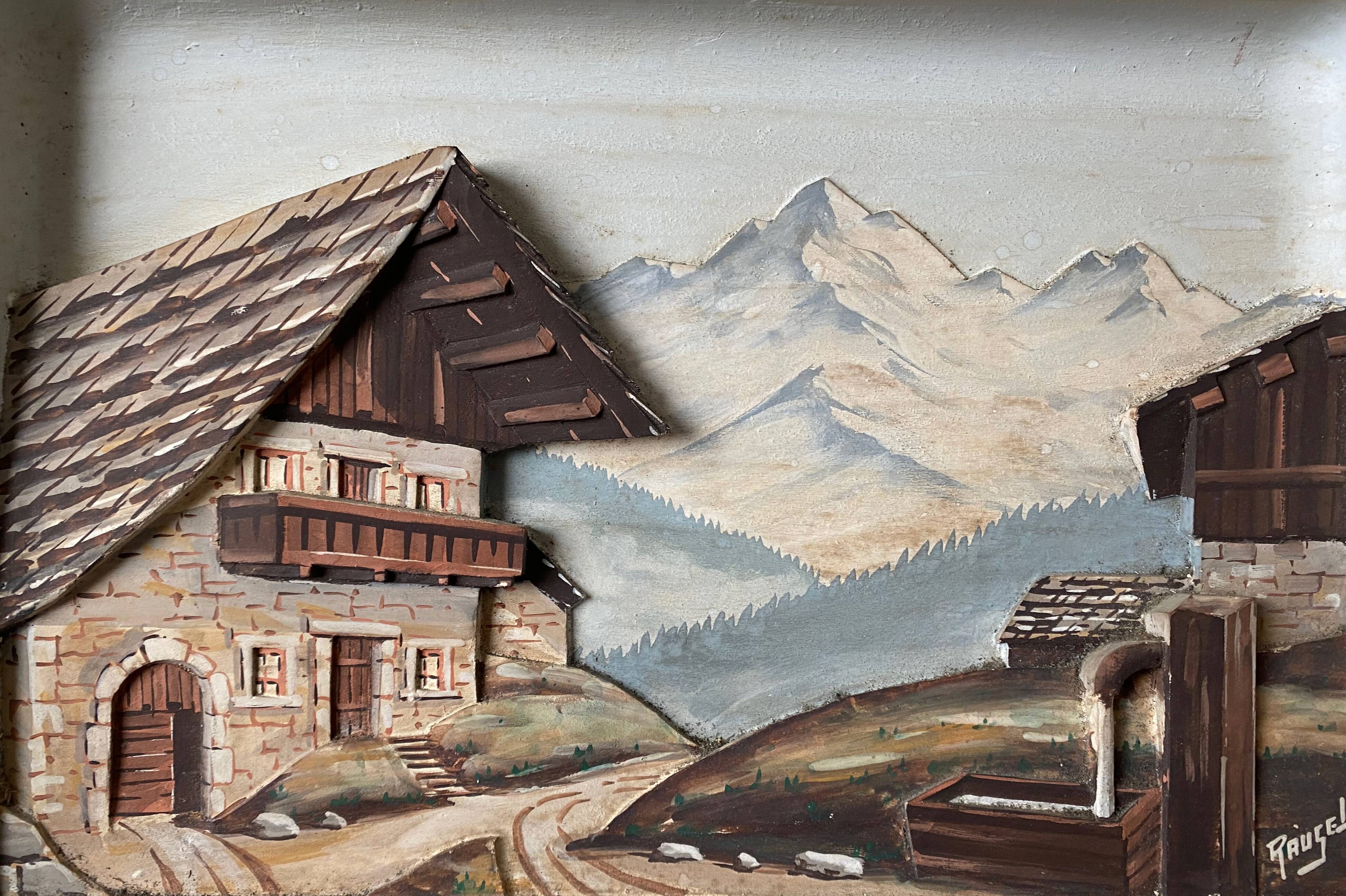 Painting hsp bas relief mountain snow chalet signed f. raugel circa 1950/60