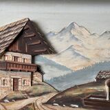 Painting hsp bas relief mountain snow chalet signed f. raugel circa 1950/60