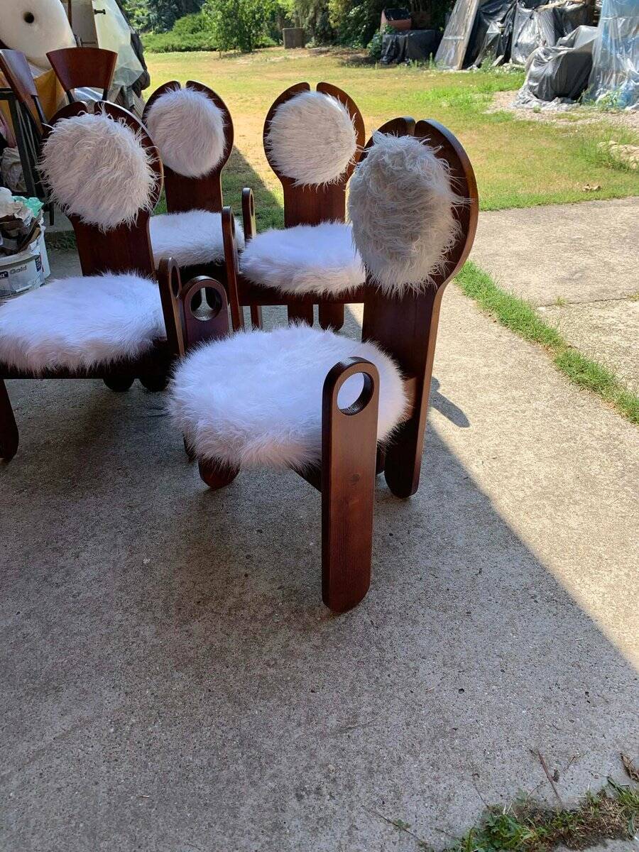 Set of 4 vintage dining chairs in brown pine and white fur by Szedleczky (1970s)